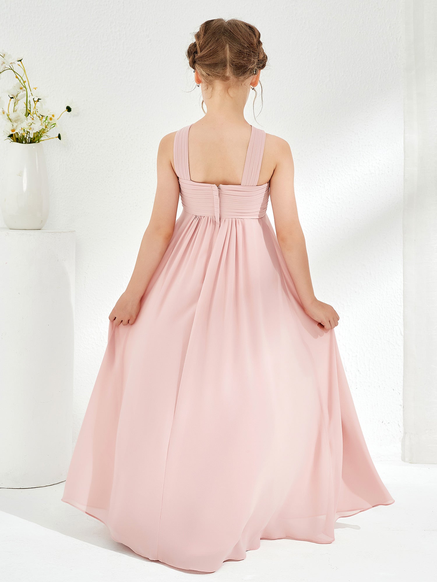 Cross Shoulder Strap Junior Bridesmaid Dresses Dusty Rose